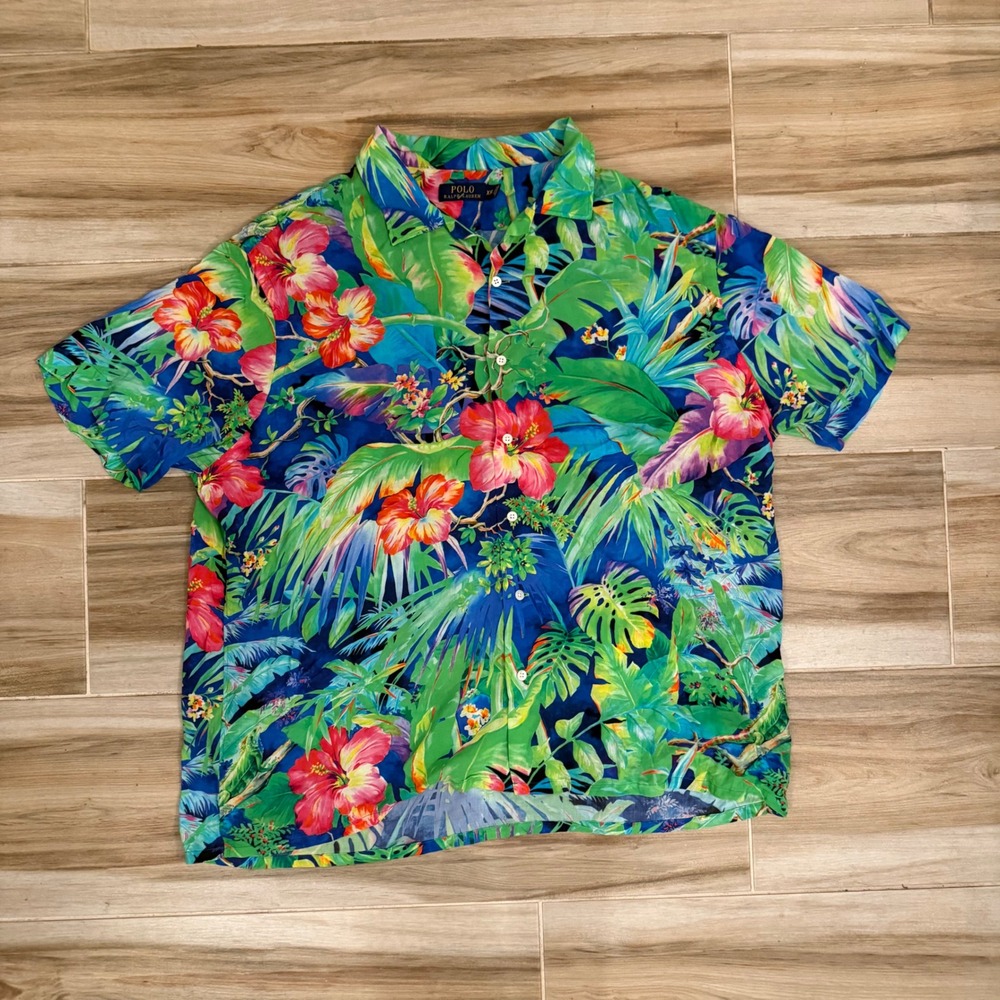 Polo Ralph Lauren XXL Tropical Floral Hibiscus Viscose Short Sleeve Shirt Blue
